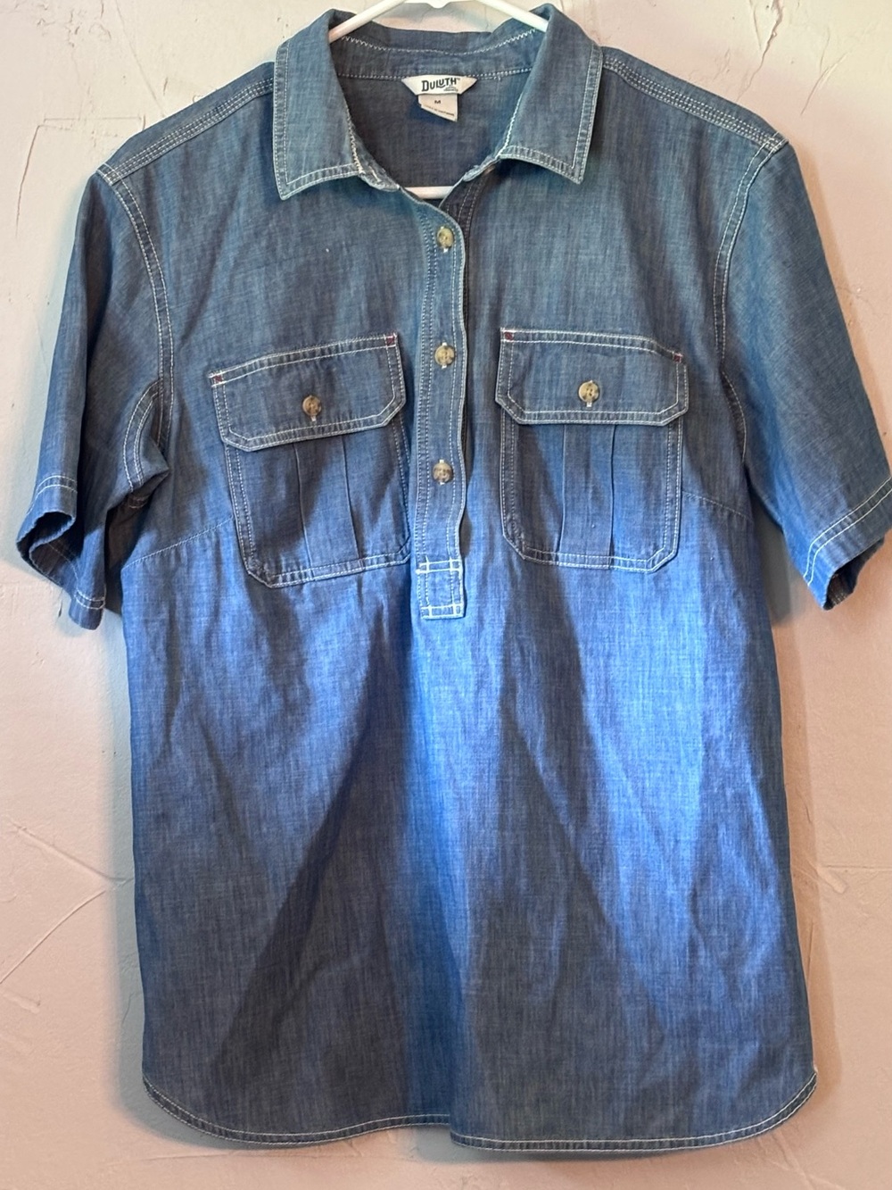 Woman’s Duluth Trading Co Denim-Style Blue Short-Sleeve Button-Front Shirt